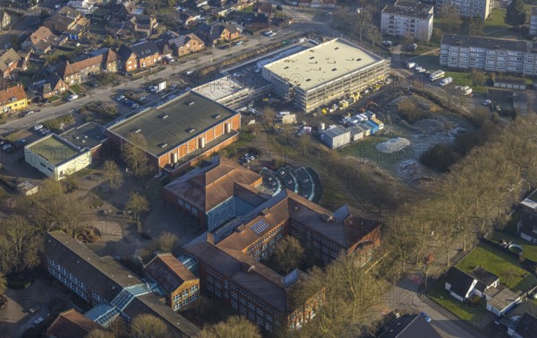 Aerial view, construction site of the triple gymnasium at Sophie-Scholl-Gesamtschule, Stefanstrasse, Bockum-Hövel, Hamm, Ruhr area, North Rhine-Westphalia, Germany