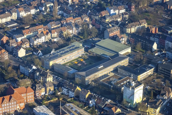 Aerial view, FLBK Friedrich-List-Berufskolleg Hamm and Eduard-Spranger-Berufskolleg, awning in the inner courtyard and solar roof, bunker on Vorheider Weg, centre, Hamm, Ruhr area, North Rhine-Westphalia, Germany
