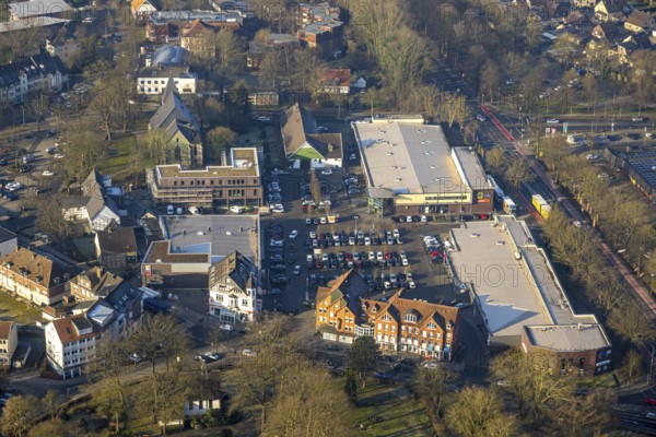 Aerial view, Herringer Markt shopping centre with building site, Edeka supermarket and Aldi supermarket, St. Victor's Church, Herringen district, Hamm, Ruhr area, North Rhine-Westphalia, Germany