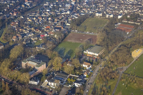 Aerial view, Glück-Auf-Stadion (Glückaufstadion) football stadium and tennis courts, sports facility and surroundings with residential area, Herringen district, Hamm, Ruhr area, North Rhine-Westphalia, Germany