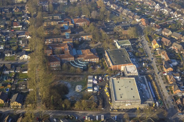Aerial view, construction site triple gymnasium at Sophie-Scholl-Gesamtschule, Stefanstrasse, Gebrüder-Grimm-Schule primary school, Bockum-Hövel, Hamm, Ruhr area, North Rhine-Westphalia, Germany