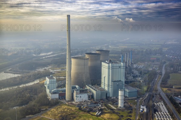 Aerial view, RWE Generation SE Gersteinwerk power plant, part of building construction site with demolition work, distant view with sky and haze, Stockum, Werne, Ruhr area, North Rhine-Westphalia, Germany
