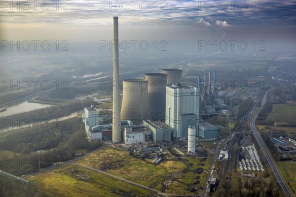 Aerial view, RWE Generation SE Gersteinwerk power plant, part of building construction site with demolition work, distant view with sky and haze, Stockum, Werne, Ruhr area, North Rhine-Westphalia, Germany