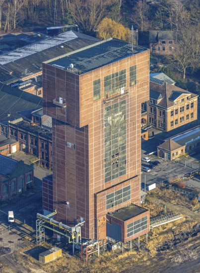 Aerial view, CreativRevier Hamm, hammerhead tower at the former Ost Heinrich Robert colliery, Herringen district, Hamm, Ruhr area, North Rhine-Westphalia, Germany