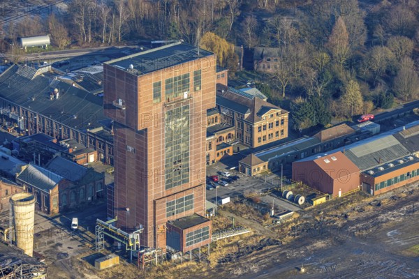 Aerial view, CreativRevier Hamm, hammerhead tower at the former Ost Heinrich Robert colliery, Herringen district, Hamm, Ruhr area, North Rhine-Westphalia, Germany