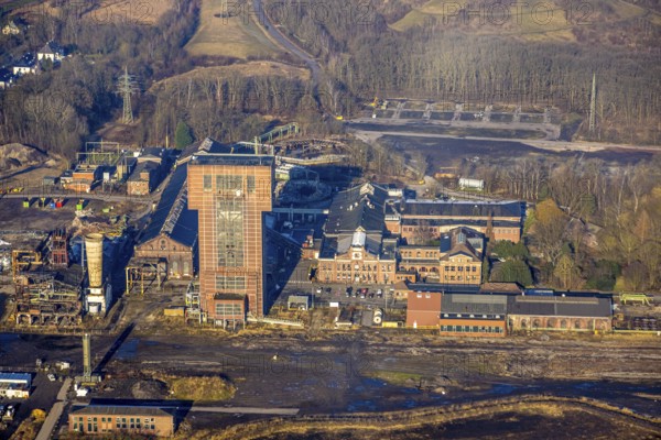 Aerial view, CreativRevier Hamm, hammerhead tower at the former Ost Heinrich Robert colliery, demolition work, Herringen district, Hamm, Ruhr area, North Rhine-Westphalia, Germany