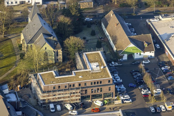 Aerial view, Herringer Markt shopping centre with building site, St. Victor's Church, Herringen district, Hamm, Ruhr area, North Rhine-Westphalia, Germany