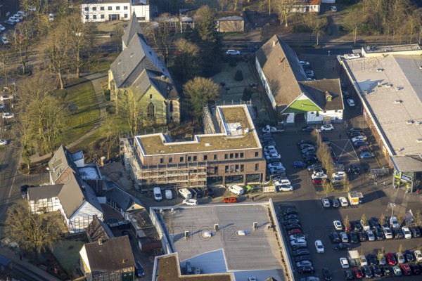 Aerial view, Herringer Markt shopping centre with building site, St. Victor's Church, Herringen district, Hamm, Ruhr area, North Rhine-Westphalia, Germany