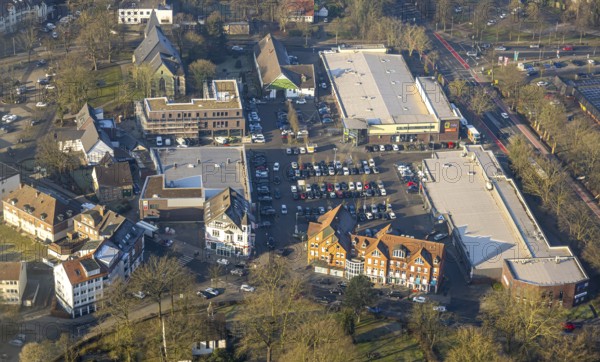 Aerial view, Herringer Markt shopping centre with building site, Edeka supermarket and Aldi supermarket, St. Victor's Church, Herringen district, Hamm, Ruhr area, North Rhine-Westphalia, Germany