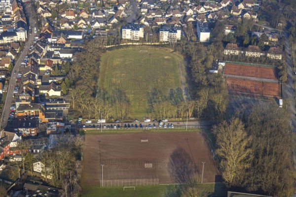 Aerial view, Glück-Auf-Stadion (Glückaufstadion) football stadium and tennis courts, sports facility and surroundings with residential area, Herringen district, Hamm, Ruhr area, North Rhine-Westphalia, Germany