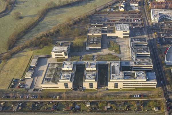 Aerial view, grounds of Hamm-Lippstadt University of Applied Sciences HSHL, car parks, centre, Hamm, Ruhr area, North Rhine-Westphalia, Germany