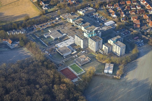 Aerial view, Berufsförderungswerk Hamm educational institution, Feldgarten housing estate, Berufsförderungswerk - new day care centre coming in, Rhynern district, Hamm, Ruhr area, North Rhine-Westphalia, Germany