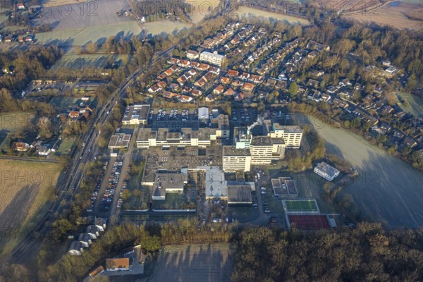 Aerial view, Berufsförderungswerk Hamm educational institution, Feldgarten housing estate, Berufsförderungswerk - new day care centre coming in, Rhynern district, Hamm, Ruhr area, North Rhine-Westphalia, Germany