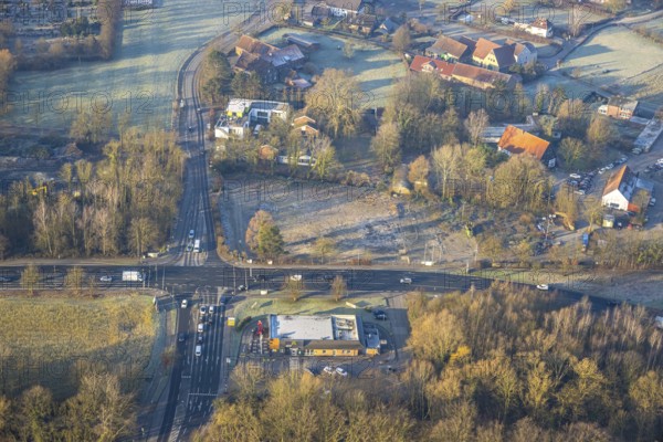 Aerial view, intersection of Werler Straße, federal road B63 and Ostdorfstraße, former Kley garden centre on Ostdorfstraße and construction site for planned Autobahn GmbH, McDonald's fast-food restaurant, Autobahn GmbH to be built on former Kley site, Rhynern district, Hamm, Ruhr area, North Rhine-Westphalia, Germany