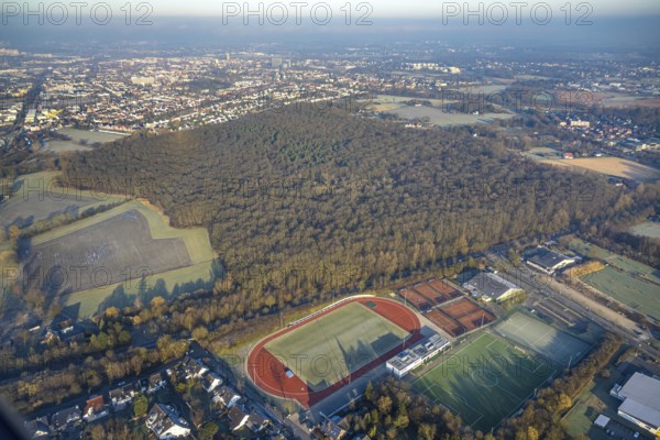 Aerial view, Pilsholz forest area, Hammer SC sports complex with football stadium and tennis courts, Rhynern district, Hamm, Ruhr area, North Rhine-Westphalia, Germany