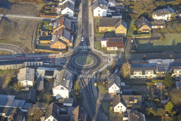 Aerial view, construction site roundabout at the planned local transport connection with stop in Westtünnen, construction site at Südfeldweg and Von-Thünen-Straße for the future railway stop, car parks, Rhynern district, Hamm, Ruhr area, North Rhine-Westphalia, Germany
