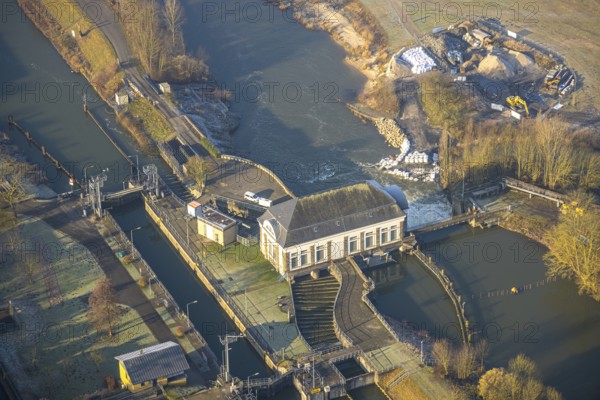 Aerial view, Hamm lock with construction site, damage to the construction site caused by the last flood, Datteln-Hamm Canal and River Lippe, centre, Hamm, Ruhr area, North Rhine-Westphalia, Germany