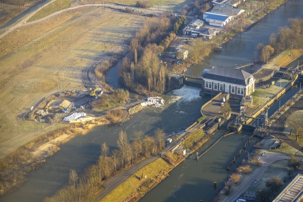 Aerial view, Hamm lock with construction site, damage to the construction site caused by the last flood, Datteln-Hamm Canal and River Lippe, centre, Hamm, Ruhr area, North Rhine-Westphalia, Germany