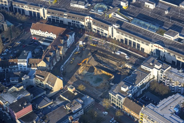 Aerial view, construction site with demolition of the western half of the Ritterpassage, next to it the Allee-Center with pedestrian zone Westenwall, centre, Hamm, Ruhr area, North Rhine-Westphalia, Germany