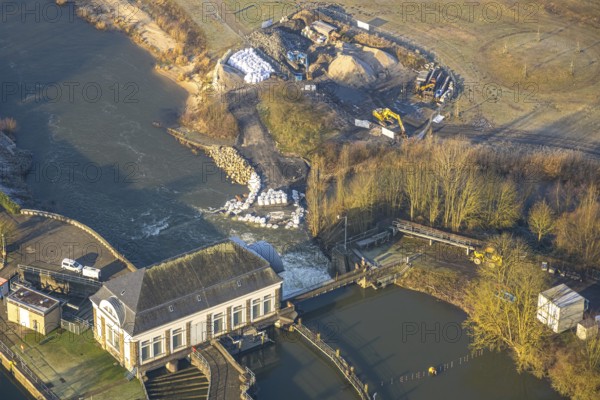 Aerial view, Hamm lock with construction site, damage to the construction site caused by the last flood, Datteln-Hamm Canal and River Lippe, centre, Hamm, Ruhr area, North Rhine-Westphalia, Germany