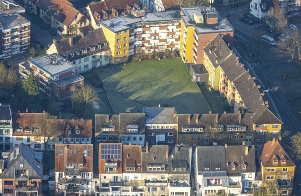 Aerial view, residential complex Widumstraße corner Ostenwall, green interior space, centre, Hamm, Ruhr area, North Rhine-Westphalia, Germany