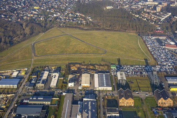Aerial view, Radbod road bike and roller sports training track, part of the Lippe Park, former Radbod colliery, Bockum-Hövel, Hamm, Ruhr area, North Rhine-Westphalia, Germany