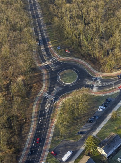 Aerial view, new roundabout Hammer Straße and Bülowstraße in the forest area, Bockum-Hövel, Hamm, Ruhr area, North Rhine-Westphalia, Germany