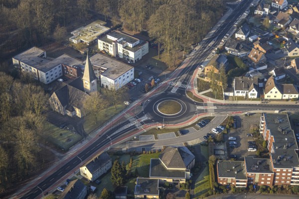 Aerial view, new roundabout Hammer Straße and Friedrich-Ebert-Straße next to the Protestant Kreuzkirche parish with kindergarten, below Protestant Free Church Bockum-Hövel (Baptists), forest area, Bockum-Hövel, Hamm, Ruhr area, North Rhine-Westphalia, Germany