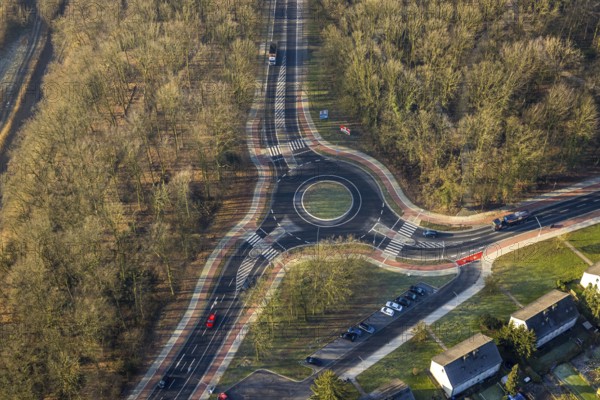 Aerial view, new roundabout Hammer Straße and Bülowstraße in the forest area, Bockum-Hövel, Hamm, Ruhr area, North Rhine-Westphalia, Germany