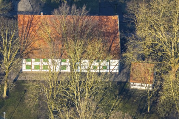 Aerial view, Brokhof half-timbered house, old farmhouse as event venue and cultural centre, Heessen district, Hamm, Ruhr area, North Rhine-Westphalia, Germany