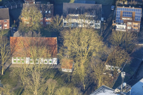 Aerial view, Brokhof half-timbered house, old farmhouse as event venue and cultural centre, Heessen district, Hamm, Ruhr area, North Rhine-Westphalia, Germany