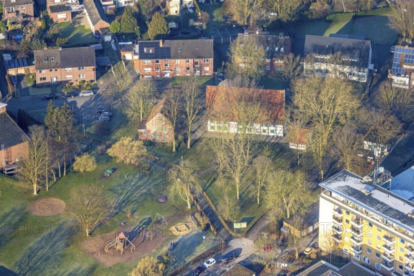 Aerial view, Brokhof half-timbered house, old farmhouse as event venue and cultural centre, Heessen district, Hamm, Ruhr area, North Rhine-Westphalia, Germany
