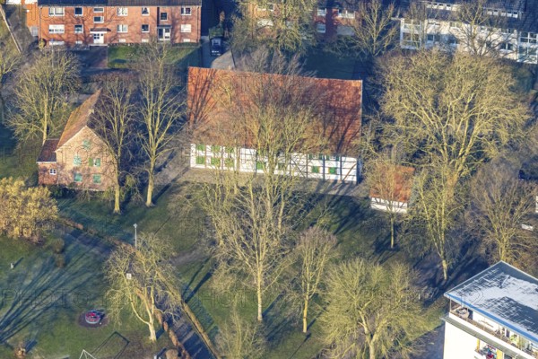 Aerial view, Brokhof half-timbered house, old farmhouse as event venue and cultural centre, Heessen district, Hamm, Ruhr area, North Rhine-Westphalia, Germany