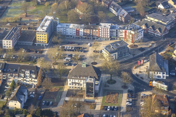 Aerial view, Heessener Markt, residential and commercial buildings on Amtsstraße, car parks, Heessen district, Hamm, Ruhr area, North Rhine-Westphalia, Germany