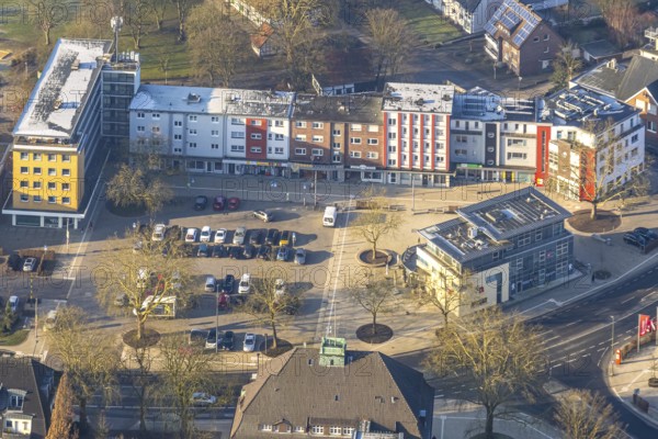 Aerial view, Heessener Markt, residential and commercial buildings on Amtsstraße, car parks, Heessen district, Hamm, Ruhr area, North Rhine-Westphalia, Germany