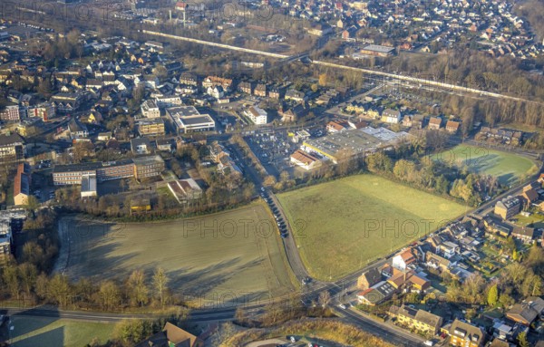 Aerial view, planned potential building areas between Vogelstraße, Ennigerweg and Ahlener Straße, shopping centre with Rewe and Aldi supermarket, cars parked on the roadside, Heessen district, Hamm, Ruhr area, North Rhine-Westphalia, Germany