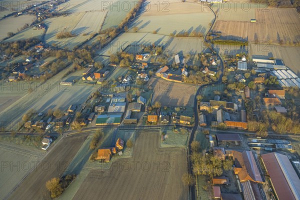Aerial view, residential area, view of Süddinker district with St Joseph's Catholic Church and cemetery, St Hubertus Schützenbruderschaft Süddinker 1826 e.V., Rhynern district, Hamm, Ruhr area, North Rhine-Westphalia, Germany