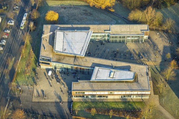 Aerial view, Konrad-Adenauer Realschule and pupils in the schoolyard, Rhynern district, Hamm, Ruhr area, North Rhine-Westphalia, Germany