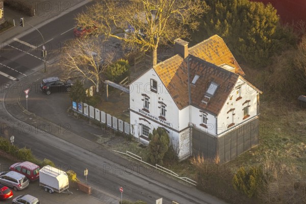 Aerial view, old railway station building, Rhynern-West small station, planned district library and Fenne community centre, Rhynern district, Hamm, Ruhr area, North Rhine-Westphalia, Germany