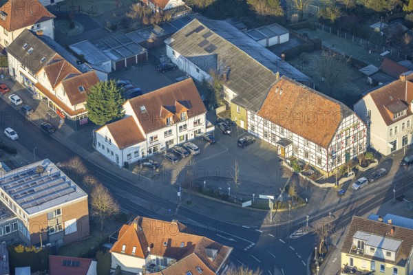 Aerial view, half-timbered house Lindenhof Hotel and Restaurant, district Rhynern, Hamm, Ruhr area, North Rhine-Westphalia, Germany
