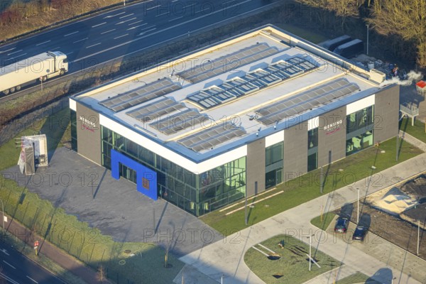 Aerial view, building site with new Mensing Galerie building on the corner of Werler Straße and Unnaer Straße, Rhynern district, Hamm, Ruhr area, North Rhine-Westphalia, Germany