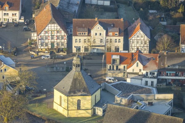 Aerial view, half-timbered house Lindenhof Hotel and Restaurant, Protestant church Rhynern Emmaus-Kirchengemeinde, district Rhynern, Hamm, Ruhr area, North Rhine-Westphalia, Germany