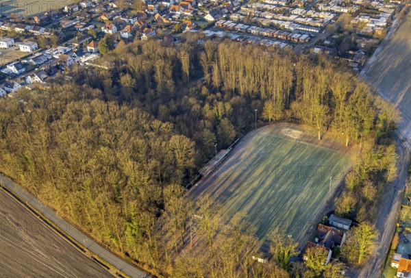 Aerial view, wooded area with shadows cast by trees on the football pitch Am Sportplatz corner An der Lohschule, SV Westfalia Rhynern e.V., Rhynern district, Hamm, Ruhr area, North Rhine-Westphalia, Germany