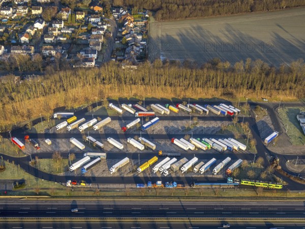 Aerial view, motorway A2 service area Serways service area Rhynern service area, truck parking area, district Rhynern, Hamm, Ruhr area, North Rhine-Westphalia, Germany