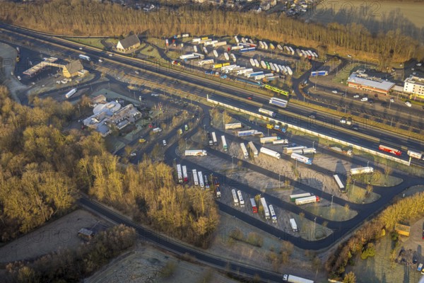 Aerial view, motorway A2 service area Serways service area Rhynern service area, truck parking area, district Rhynern, Hamm, Ruhr area, North Rhine-Westphalia, Germany