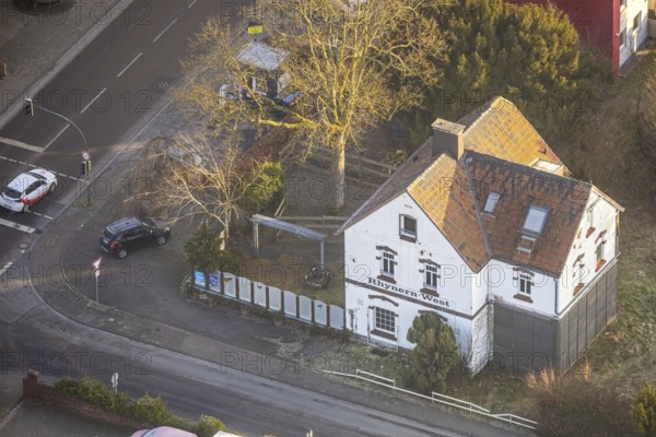 Aerial view, old railway station building, Rhynern-West small station, planned district library and Fenne community centre, Rhynern district, Hamm, Ruhr area, North Rhine-Westphalia, Germany