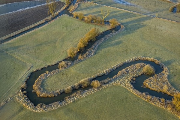 Aerial view, floodplain and river Ahse meander, Dorfwelver, Welver, Ruhr area, North Rhine-Westphalia, Germany