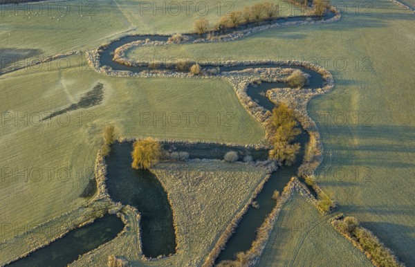 Aerial view, floodplain and river Ahse meander, Dorfwelver, Welver, Ruhr area, North Rhine-Westphalia, Germany
