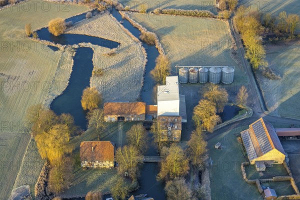 Aerial view, farm Schwannemühle at the river Ahse, wintry landscape, village Welver, Dinker, Welver, Ruhr area, North Rhine-Westphalia, Germany