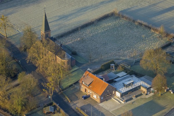 Aerial view, St Joseph's Catholic Church, St Hubertus Schützenbruderschaft Süddinker 1826 e.V., Rhynern district, Hamm, Ruhr area, North Rhine-Westphalia, Germany